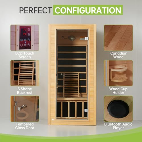 Real Relax 1 Person Infrared Sauna, Indoor Near Zero EMF Canadian Hemlock Wood Sauna with 1400W, 9 Chromo Therapy Lights, Oxygen Lonizer, Bluetooth, LCD Control Pannel for Home Spa Days
