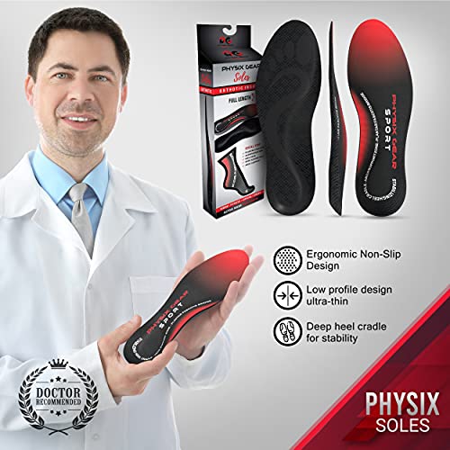 Physix Gear Orthotic Insoles for Men & Women - Arch Support Orthotics Insole, Orthopedic Insoles, Inserts for Men & Women, Foot Insoles for Plantar Fasciitis Comfort, Shoe Insert, Feet, Red/Black, S