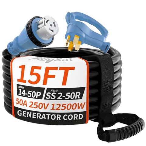 PlugSaf 50 Amp Generator Cord, 15FT 50 Amp RV Extension Cord with Twist Lock, Generator Cable 50A 4 Prong Blue, NEMA 14-50P/SS2-50R Heavy Duty STW Wire for RV Camper & House