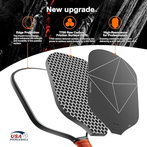 VUFOXT Pickleball Paddles, USAPA Approved T700 Raw Carbon Fiber Surface (CFS) High Spin 16MM PP Honeycomb Core