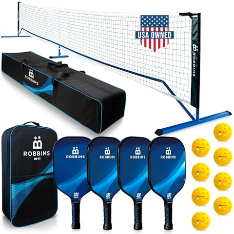Pickleball Set with Net | 4 USA Pickleball Approved Carbon Fiber Paddles, Portable Regulation Size Net Set, 8 Outdoor Balls, Duffle Bag & Carry Bag - ROBBIMS