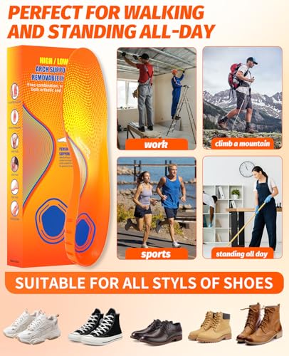 Plantar Fasciitis Insoles for Men & Women,High Arch Support Insoles for Pain Relief, 220+lbs Removable Insoles for Flat Feet,Birthday Gifts for Men Women Dad Mom,Stocking Stuffers Christmas Gifts（L