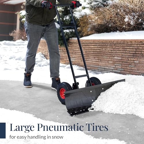 Best Choice Products 36in Galvanized Blade Heavy-Duty 2-Wheel Snow Pusher Hand Plow for Snow Removal w/Wheels, Adjustable Handle, Blade Angle - Black