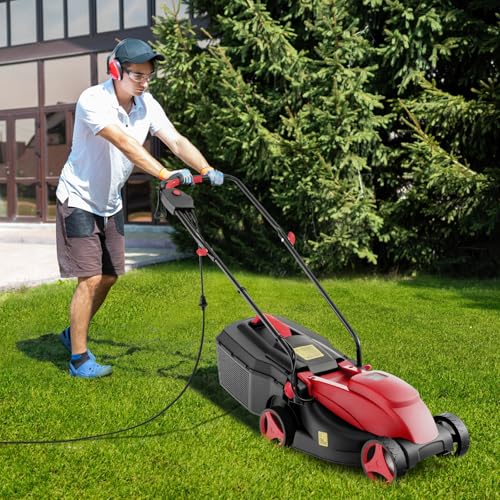 Toolsempire Electric Lawn Mower, 13" Corded Lawnmower with 10 Amp Copper Motor, 6.6-Gallon Grass Collection Box & 3-Position Heights, Push Lawn Mower Electric De-Thatcher for Garden & Farmyard (Red)