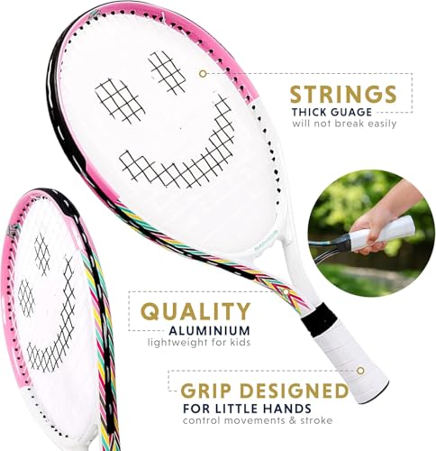 Kids Tennis Racket with Training Videos – 19 Inch Aluminum Youth Tennis Racket with Neoprene Handle for Children Age 5-12 – Learn Faster and Play Better by Street Tennis Club, Pink/White