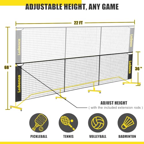 Losbenco Portable Pickleball Net with Wheels - 6-in-1 Adjustable Height Metal Frame Mesh, Standard Size 22FT, Pickleball, Tennis, Volleyball, Football Backyard Outdoor Game Net for Adults and Kids