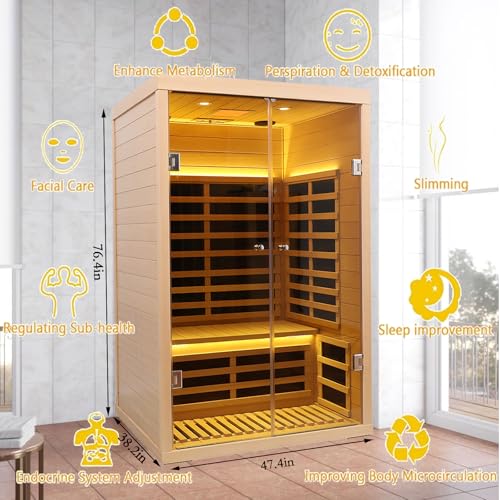 Smart App Control 2 Person Ultra Low EMF (＜5mG) Far Infrared Sauna for Home,1780W Hemlock Indoor Sauna Spa with Touch Panel, Insulation Cover, Bluetooth Speaker, Chromatherapy Light, Reading Light