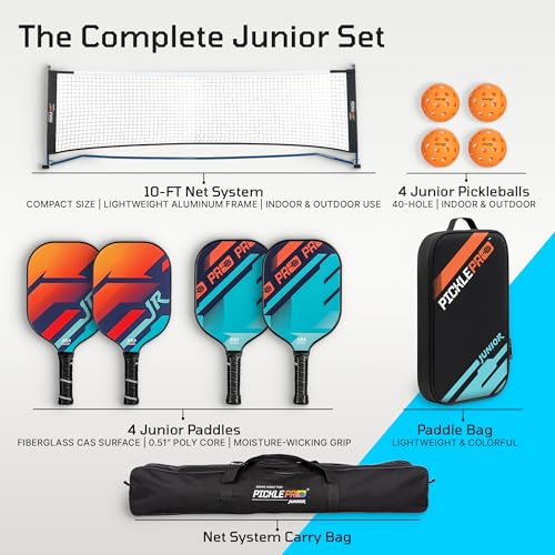 PicklePro Junior – Complete Pickleball Set with 10ft Net for Youth & Families – Includes 4 Junior Paddles, 4 Pickleballs, Carry Bag & Portable Net – USAP Approved Beginner Pickleball Kit