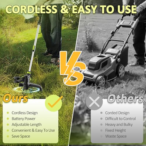20V Cordless String Trimmer, Two 2.0Ah Battery Powered with Fast Charger, 12'' Grass Cutter with Auto Line Feed, 2-in-1 Electric Lawn Mower Grass Trimmer&Edger Lawn Tool with 8 Lines for Yard, Garden