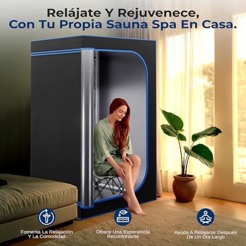 SereneLife Portable Sauna Box for Home, Steam Sauna Tent with Extra Large 4L Steamer - Includes Folding Sauna Chair, Remote Control w/ 9 Heat Levels for in-Home Spa - 2.9' x 2.9' x 5.9'