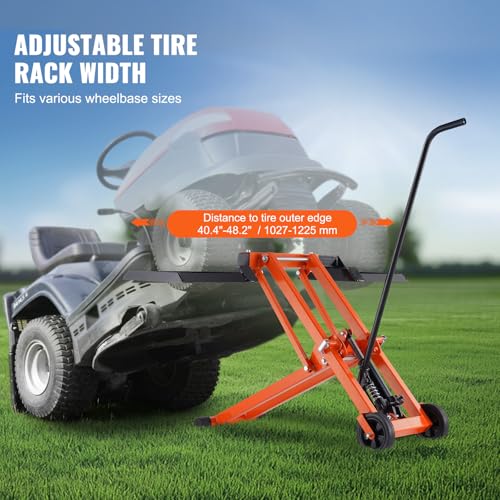 VEVOR Lawn Mower Lift with Hydraulic Jack, 500 Lbs Weight Capacity, Solid Carbon Steel Lawn Mower Lift, Adjustable Movable Lawn Lifter for Riding Tractors and Zero Turn Lawn Mowers, Orange