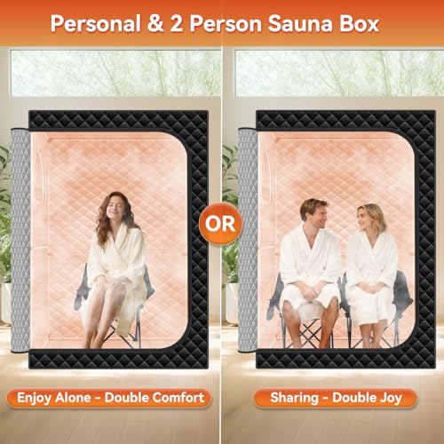 Home Sauna Portable, Upgraded Extra Large 2 Person Sauna Box with 2x3L 1300w Steamer, 2 Big Folding Chair, 9 Levels Heat, Timer,Remote Control - Steam Sauna Room Tent for Home Spa 71”x 49”x 35”, Black
