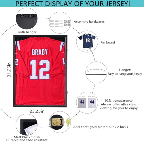Grintus Jersey Frame Display Case Jersey Display Case Jersey Shadow Box with Uv Protection Acrylic and Hanger for Baseball Basketball Football Soccer Hockey Sport Shirt and Uniform,Black Finish