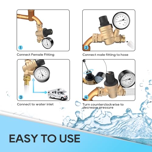 RVGUARD RV Water Pressure Regulator Valve, Brass Lead-Free Adjustable Water Pressure Reducer with Gauge and Inlet Screen Filter for RV Camper Travel Trailer