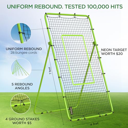Volleyball Rebounder Net Lacrosse Rebounder Bounce Back Equipment with 5 Adjustable Rebound Angles Ground Stakes Neon Strap for Lacrosse Training and Volley Ball Practice 7x4 ft Color Green