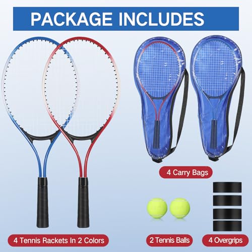 Motionchic Tennis Rackets Recreational 21 Inch Lightweight Tennis Racket with Balls for Training Beginners with Overgrips Carry Bag(Blue,Red)