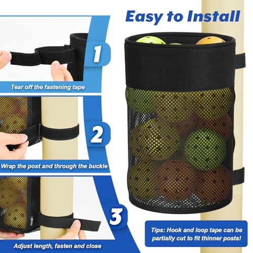 Easecos Pickleball Ball Holder Foldable Storage Mesh Bag for Pickleball Net Post, Large Storage Hanging Bag with Strap for Holding 18 Balls