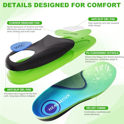 Healrecux Plantar Fasciitis Insoles Shoe Inserts for Men Women, 240lbs Heavy Duty Arch Support Inserts for Pain Relief, Work Boot Orthotics Insoles for Standing All Day, L