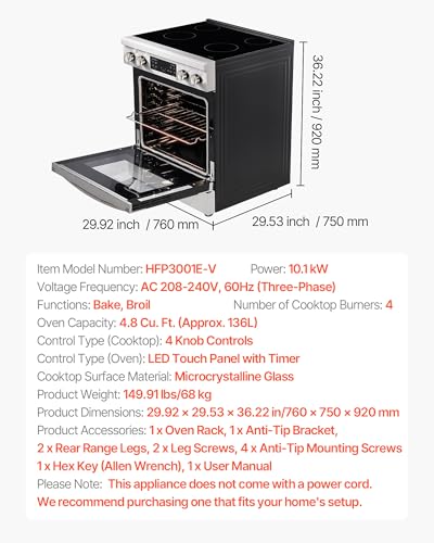 VEVOR 30in Electric Range Oven, 4.8Cu. Ft. Capacity Compact Freestanding Oven, Stainless Steel Kitchen Stove, with 4 Cooktop Burners, Easy Reach Racks, Storage Drawer, Indicator Light(No Power Cord)