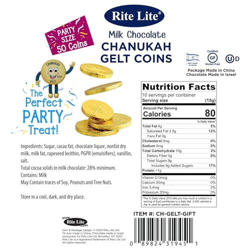 Hanukkah Chocolate Gelt Gold Collectible Tin with 3gr, 50 Gold Foiled Coins, Kosher Dairy Chanukah – Festive Jewish Holiday Party Favors Metal Tin Judaica Hostess Gifts Made in Israel 5.3oz