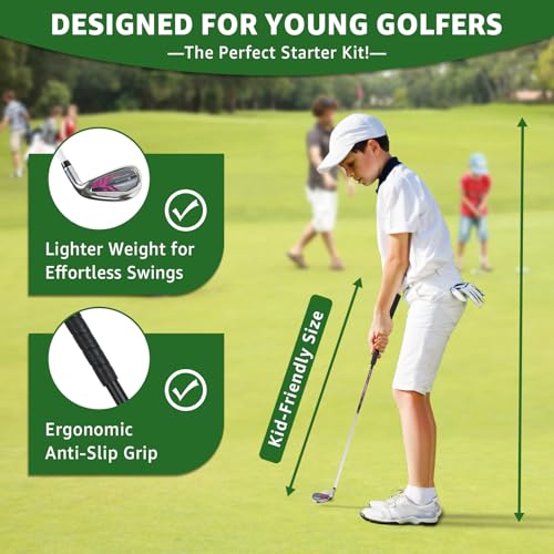 XDriveMax 5 Pieces Kids Golf Club Set, Junior Golf Club Set Ages 5-8 Includes Stand Bag, 5# Hybrid, 6/7#, 9/P# Irons and Putter Right Hand for Boys Girls,Pink