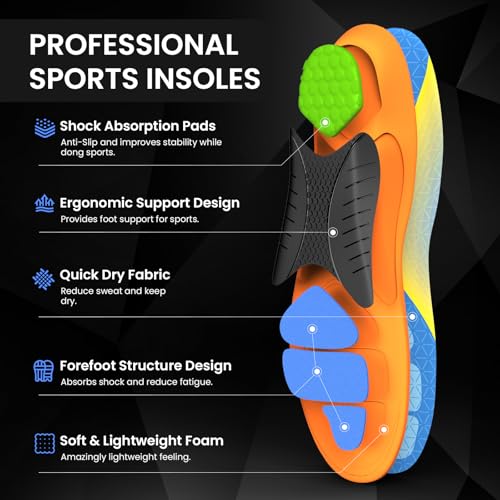 Welnove Running Insoles for Men & Women: Sports Insoles with Enhanced Shock Absorption for Basketball, Pickleball - Lightweight Design Boosts Performance for Athletes - Insoles for Standing All Day