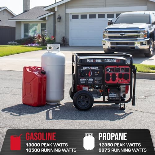 DuroStar DS13000MX 13,000-Watt 500cc Dual Fuel Portable Generator - Gas and Propane, Remote Electric Start, Whole Home Power Backup, Transfer Switch Ready, RV & Emergency Ready