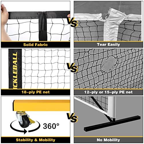 Portable Pickleball Net Set with Wheels, Regulation Size 22 FT & Half Court 11 FT, Steady Metal Frame Pickle Ball Net Set System with Carry Bag for Backyards, Driveways, and Garages (Black&Yellow)