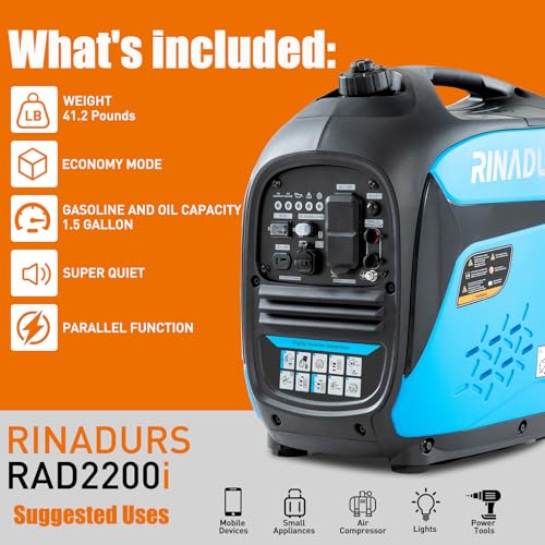 RINADURS 2200 Watt inverter generator, quiet and portable, suitable for home backup power, outdoor camping, and construction sites.EPA Compliant