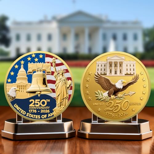Upgrade 1.77-inch 250th Anniversary Commemorative Coins - Golden American Flag & Liberty Bell Design Collectible Coins, Durable Metal Anniversary Coins for Display, Collectors & Gift Idea (L-1PCS)