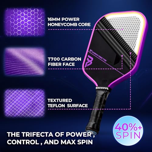 Beesoul Pickleball Paddle, T700 Carbon Fiber Thermoformed Pickle Ball Paddles for Max Spin, Power & Control, 16mm Power Honeycomb Core, Enlarged Sweet Spot, Comfort Grip for All Skill Levels