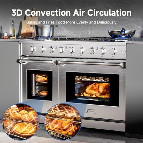 AAOBOSI 48 Inch Freestanding Gas Range Ovens with 7.0 cu.ft Large Capacity Double Convection Ovens, 6 Sealed Burners Plus Iron Grill Burner, Stainless Steel Gas Range Stove with NG/LPG Convertible