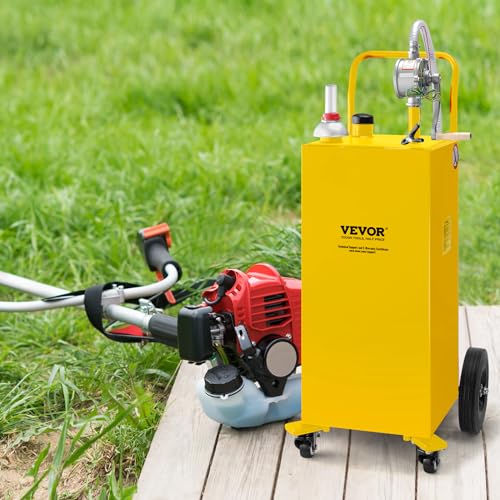 VEVOR 30 Gallon Fuel Caddy, Gas Storage Tank & 4 Wheels, with Manual Transfer Pump, Gasoline Diesel Fuel Container for Cars, Lawn Mowers, ATVs, Boats, More, Yellow