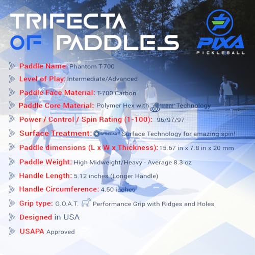 PIXA Phantom T-700 RAW Carbon FACE Pickleball Paddle; 20mm; Intermediate/Advanced; MAX Power, Control, and Spin; 5.12 INCH Handle; Great Gift!