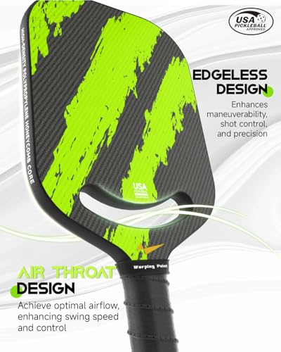 Warping Point Ascent Pickleball Paddles | Carbon Fiber Pickleball Racket with Aero Throat | Textured Grit Surface | 16mm Hexa Polymer Core | USAPA Approved | Designed for Control & Spin | Green