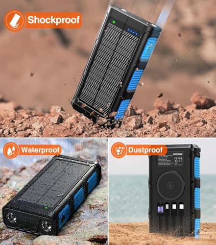 GOODaaa Power Bank Wireless Charger 45800mAh Built in Hand Crank and 4 Cables 15W Fast Charging Power Bank 7 Outputs & 4 Inputs Solar Portable Charger, SOS/Strobe/Strong Flashlights, Compass