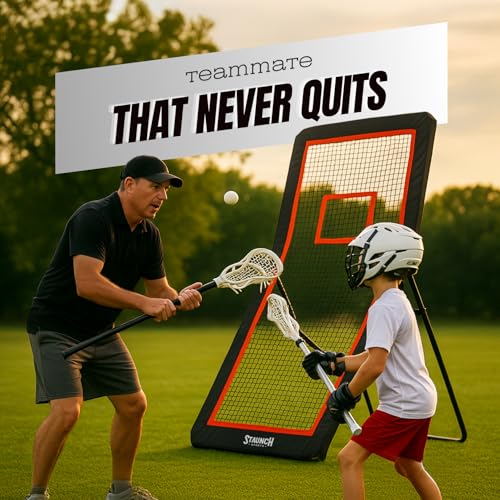 Staunch Sports 4x7ft Lacrosse Rebounder for Backyard, Fields or Indoors - Strong Rebounder Net with 5 Rebound Angles, Neon Target Strap, and 2 Balls - Durable and Versatile Lacrosse Training Equipment