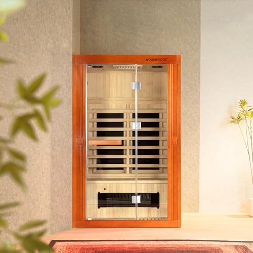 Woodbridge Infrared Home Sauna Room 2 Person Japanese Cedar Indoor Sauna with 7 Carbon Heaters, Red Light Therapy, Bluetooth Speaker, Intelligent Control Panel, Tempered Glass & Top Vent