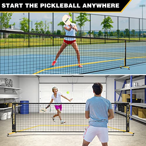 Portable Pickleball Net Set with Wheels, Regulation Size 22 FT & Half Court 11 FT, Steady Metal Frame Pickle Ball Net Set System with Carry Bag for Backyards, Driveways, and Garages (Black&Yellow)