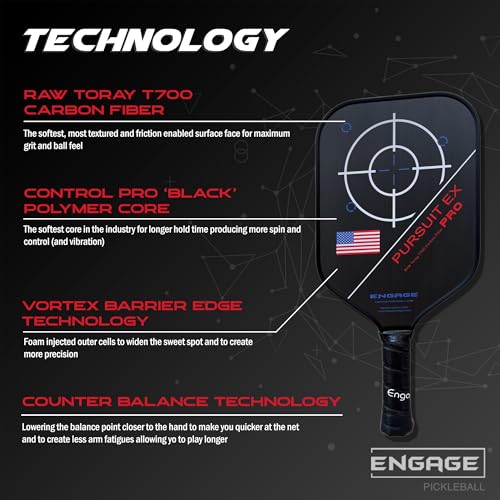Engage Pursuit Pro EX Pickleball Paddle – Widebody Shape, Carbon Fiber Face, 13mm Control Pro “Black” Core (Red White Blue, Standard (7.9-8.3oz))