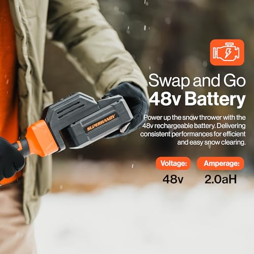 SuperHandy Electric Snow Thrower Adjustable Angle 17" Clearing Width 5.7" Intake Height 23' ft Throw Curved Serrated Blade 48V-2Ah Battery Portable Wheels Easy Maneuver Safety Switches Comfort Handle