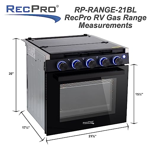 RecPro RV Stove Black Finish | Gas Range 21" Tall | 6500 and 8000 BTU Three Burner | 7100 BTU Oven with 1.8 Cu. Ft Capacity | Optional Vented Range Hood