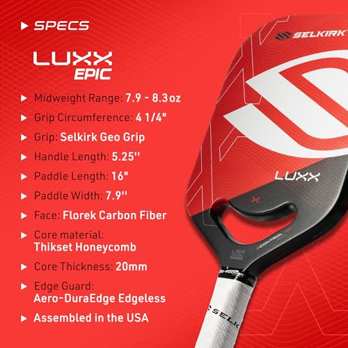 Selkirk Sport LUXX Control Pickleball Paddle | Florek Carbon Fiber Pickleball Paddles with a Polypropylene X7 Core | The Pickle Ball Racket Designed for Ultimate Power & Control | Epic Red