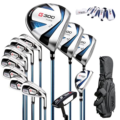 PGM Men's G300 Complete Golf Club Set - Titanium #1 Driver, Draw-Biased Hybrid, High-Strength Iron Set, High Forgiveness Putter, with Stand Bag (Right-Handed, 12Pcs Clubs-Regular)