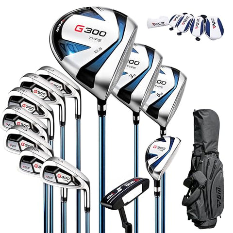 PGM Men's G300 Complete Golf Club Set - Titanium #1 Driver, Draw-Biased Hybrid, High-Strength Iron Set, High Forgiveness Putter, with Stand Bag (Right-Handed, 12Pcs Clubs-Regular)