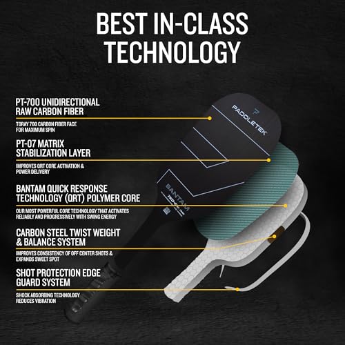 Paddletek Bantam TKO-C 12.7mm Pickleball Paddles with Polymer Honeycomb Core - Unidirectional Carbon Fiber – Torsional Weighting & High Tack Performance Grip - USAPA Approved - 5.25 Inch Handle