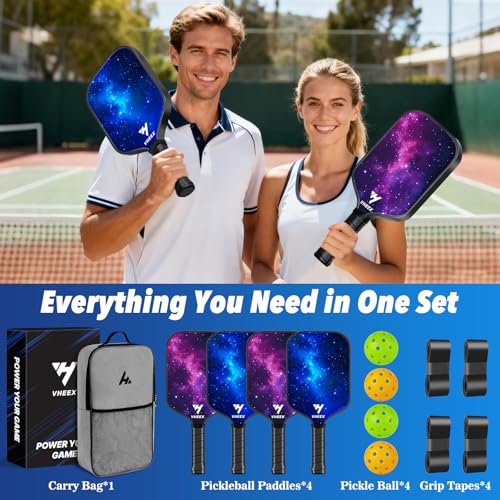 VHEEX Pickleball Paddles Set of 4, Carbon Fiber Pickle Ball Paddle Set, Lightweight Indoor Outdoor Play Rackets Equipment 4 Pack with 4 Balls & Bag Family Beginner Easter Gift Men Women Kids Adult