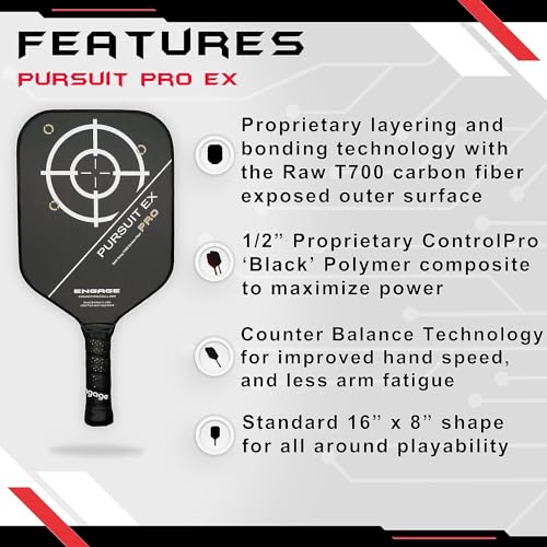 Engage Pursuit Pro EX Pickleball Paddle – Widebody Shape, Raw Carbon Fiber Face, 13mm Control Pro “Black” Core, Vortex Barrier Edge Technology – Jessie Irvine Signature – Lightweight