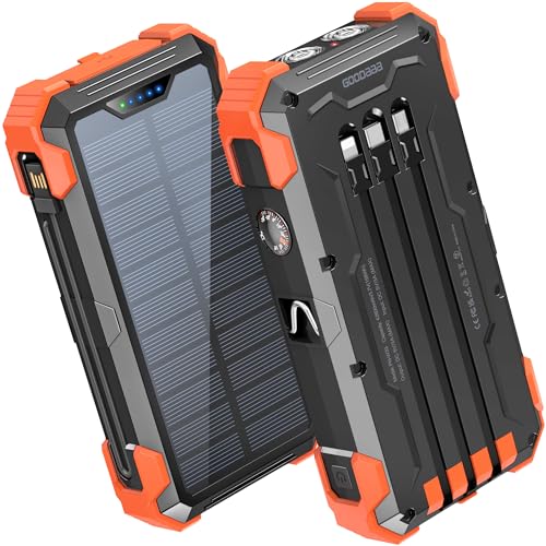 GOODaaa Portable Charger 42800mAh Built in 4 Cables and Thermometer 15W Fast Charging Power Bank Five Outputs Three Inputs Solar Charger Power Bank, SOS/Strobe/Strong Flashlights, Carabiner