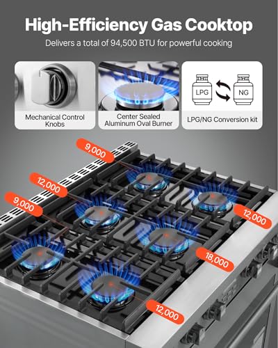 VEVOR Gas Range Oven, 36 Inches Width, Freestanding Stainless Steel Stove and Oven with 6 Sealed Cooktop Burners, Easy Reach Racks, Halogen Light, 6.0 Cu. Ft. Capacity, for Home Apartment Kitchen